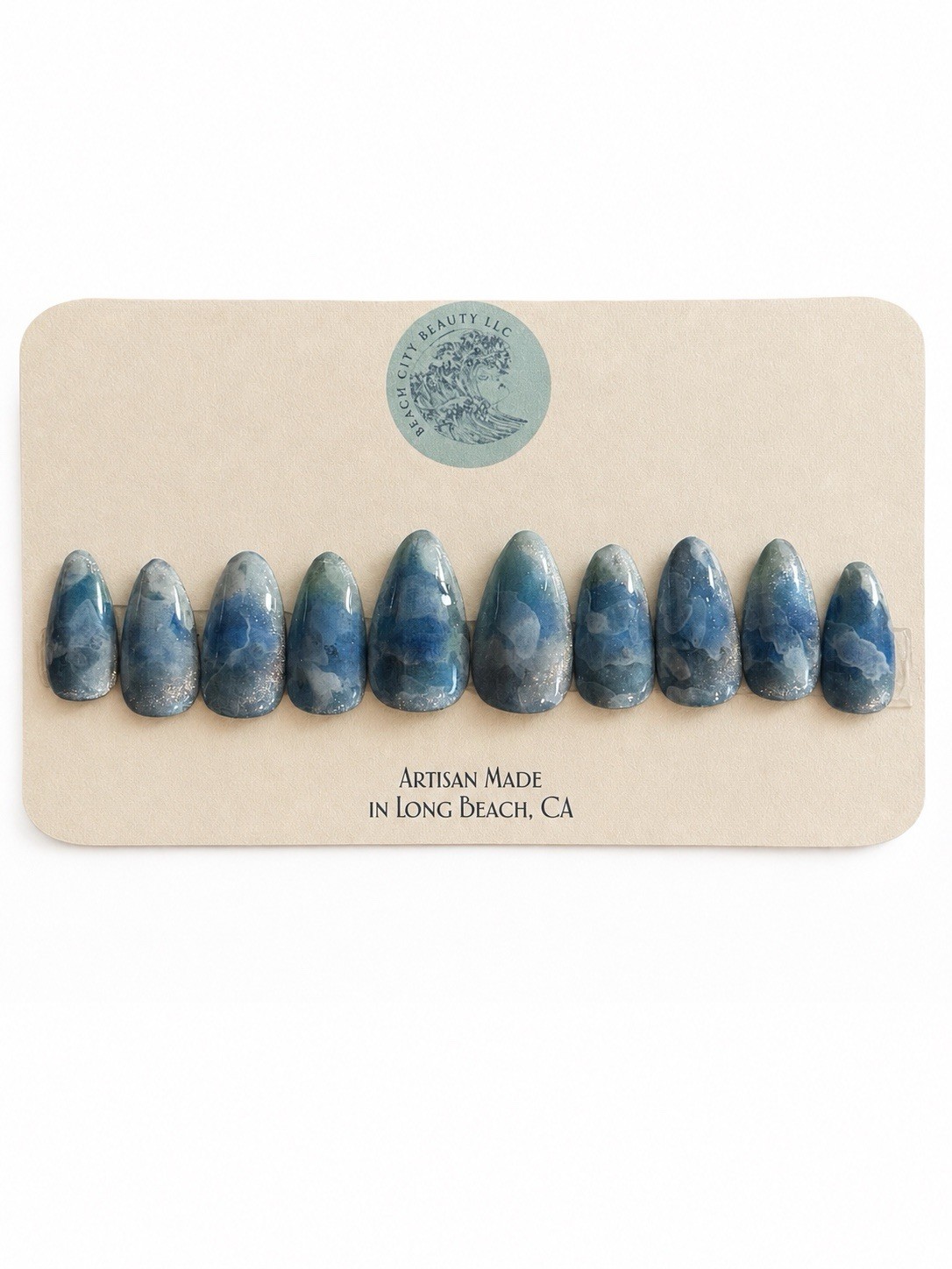Ocean Wave Blue Marble Press-On Nails | Large Almond | Handmade Reusable Nails