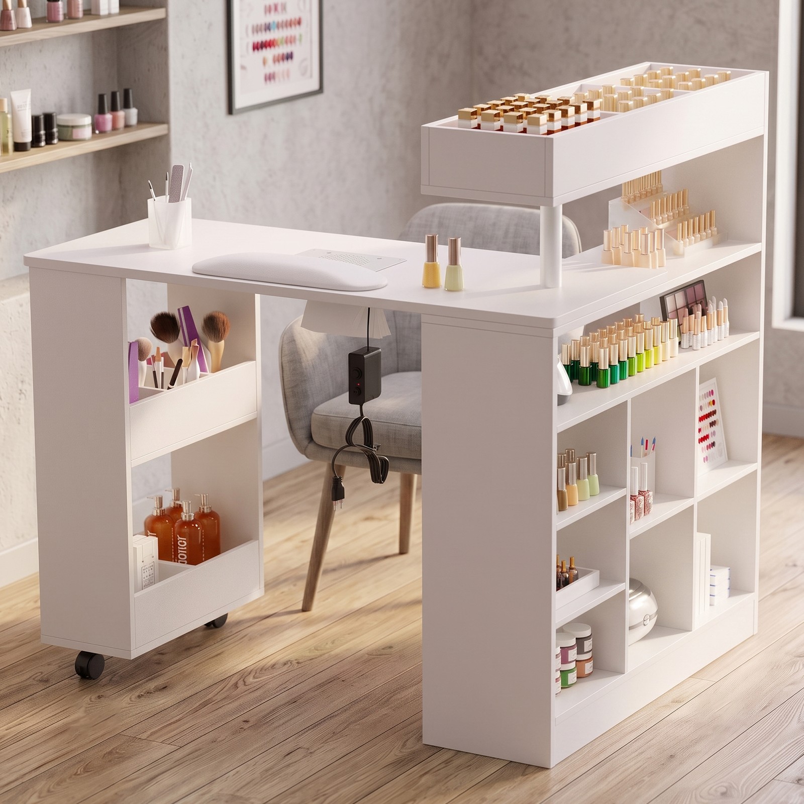 L Shaped Manicure Table with Wrist Rest & 180° Swivel Desktop and Dust Collector