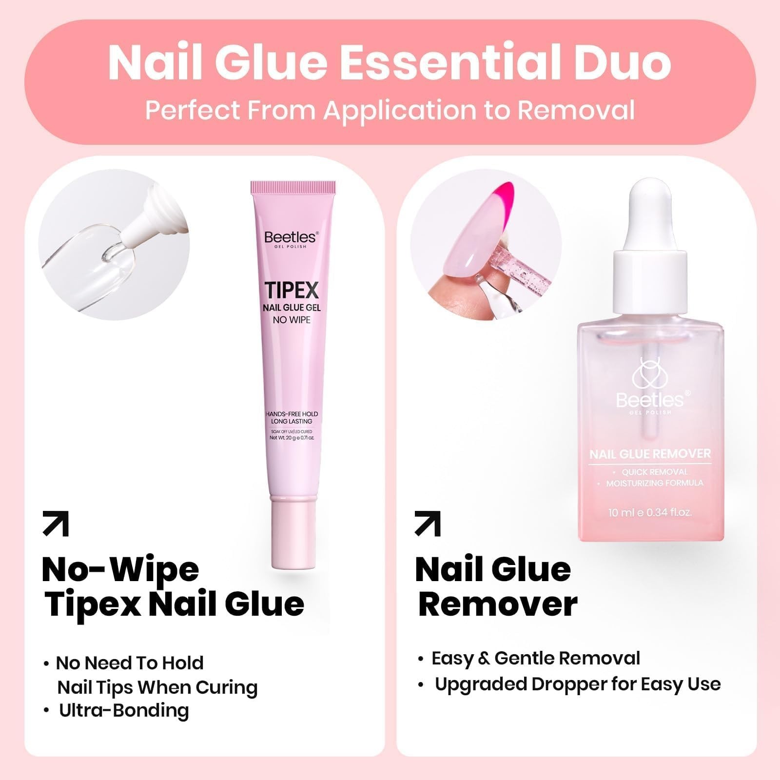 Gel Nail Glue & Remover Kit – 20g No Wipe Hands-Free Adhesive, 10ml Gentle Remov