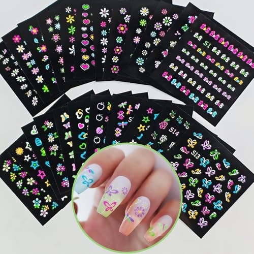 30 Sheets Fluorescent Daisy Nail Art Sticker 3D Colorful Fruit Self- Red Heart