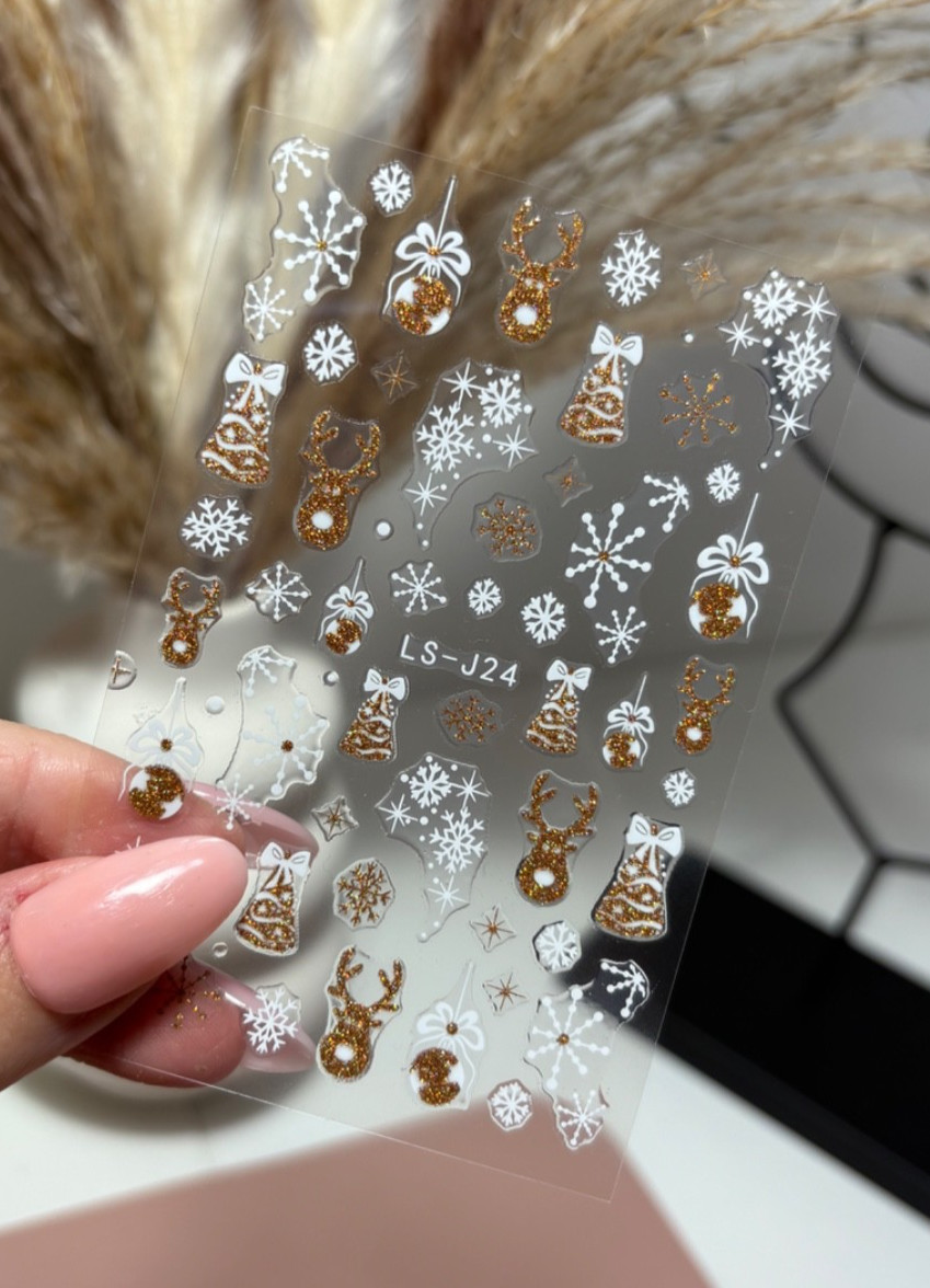Gold Reindeer, White Snowflakes, Nail Stickers, Self- Adhesive, Nail Art- LS-J24