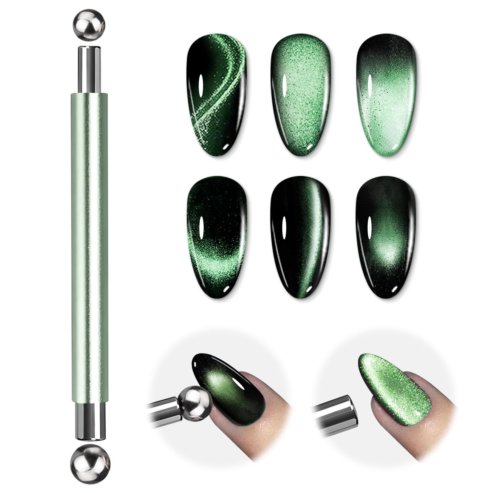 EBANKU 3-in-1 Cat Eye Magnet Nail Art Tool, Double-Head Cylindrical Round Ball