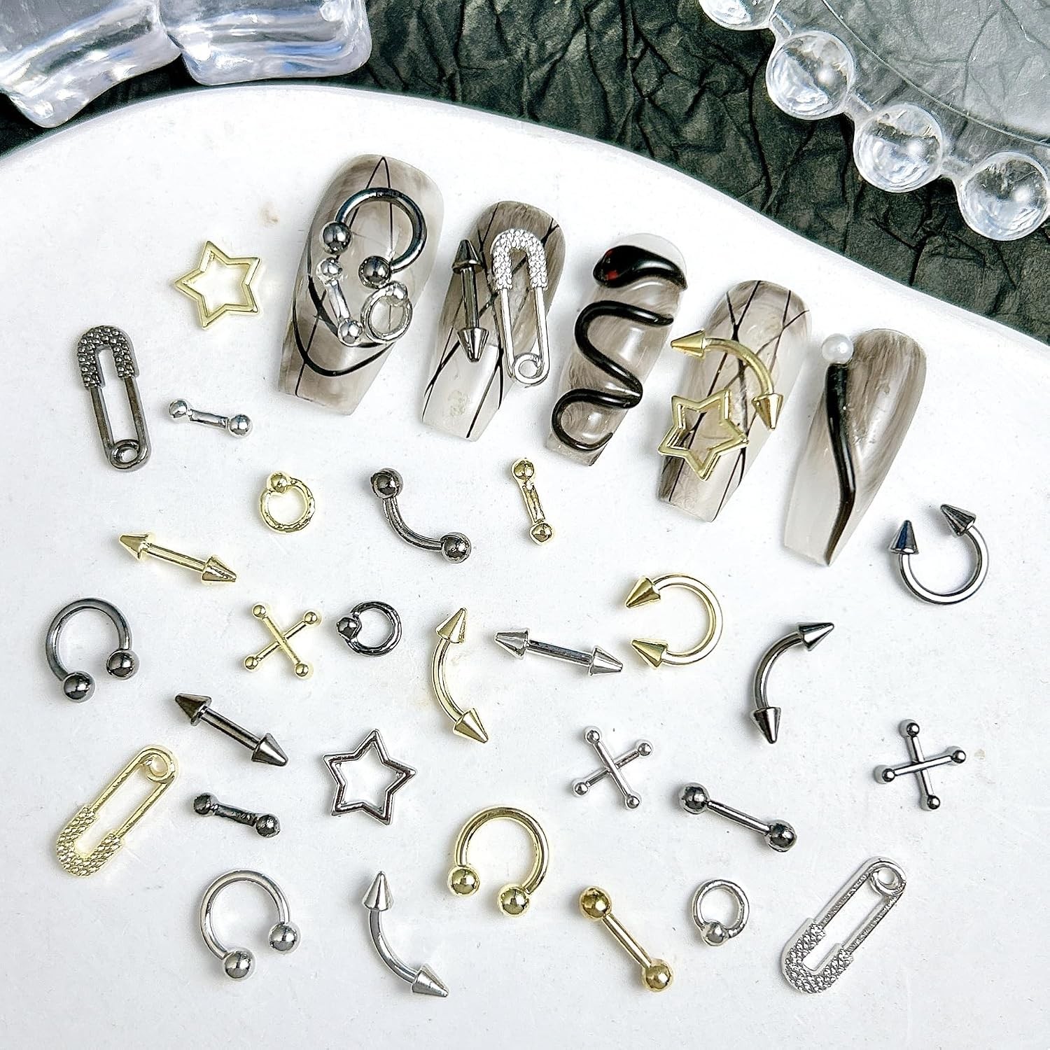 80PCS Metal Piercing Nail Art Charms 3D Gold Silver Alloy Goth Punk Nail