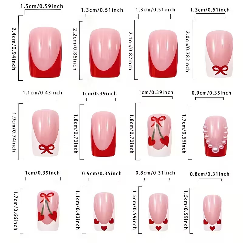 24pcs Red and White French Cherry Short Square Press-On Nails with Heart Design