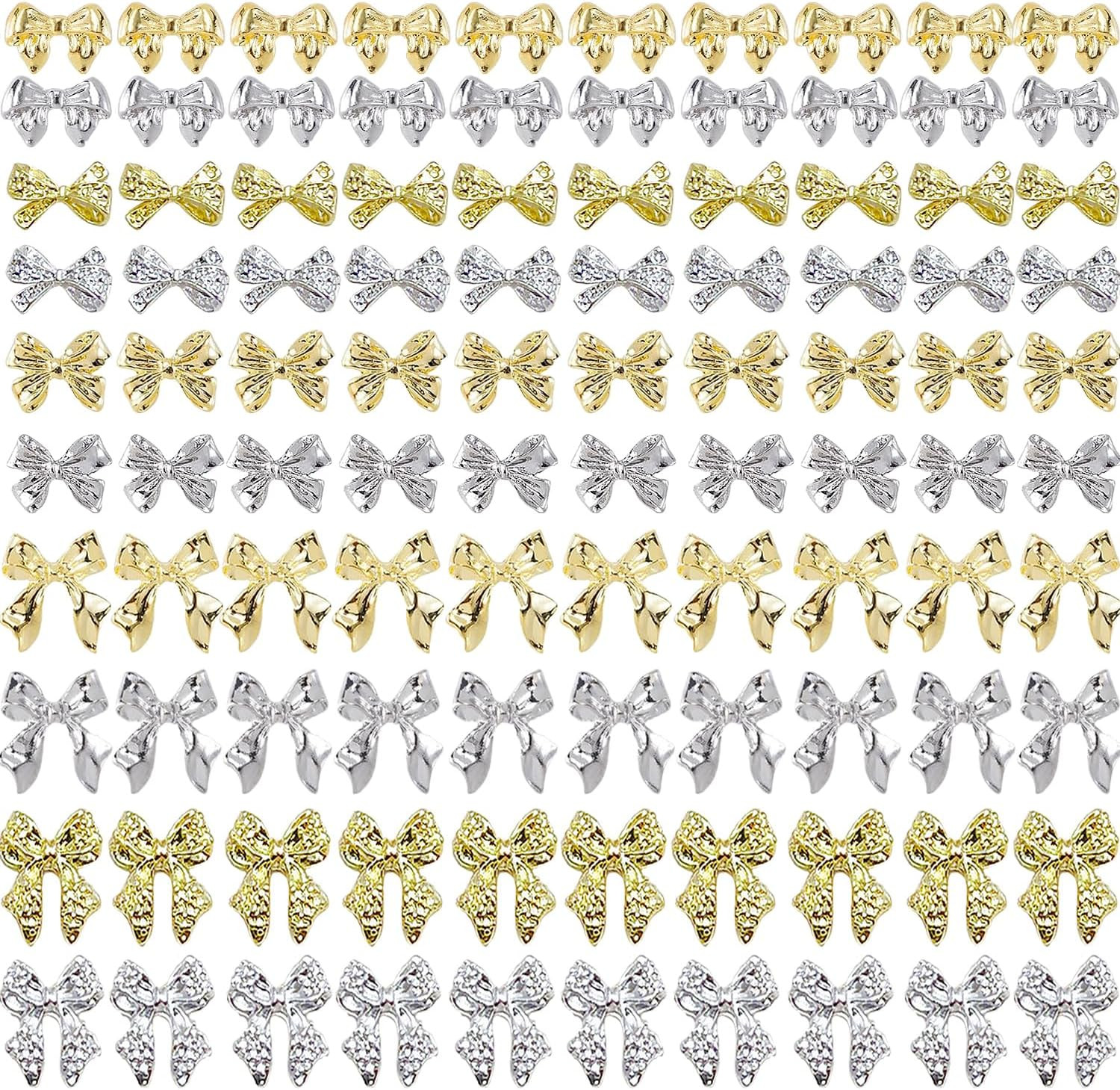 100 PCS Gold Bow Nail Charms Silver Bow Charm for Nail Bowknots Nail Art Charms