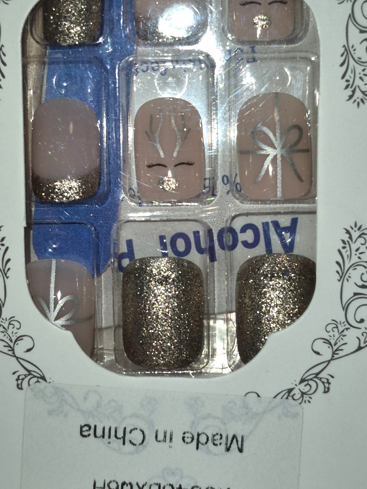 (1) 24ct Press On Nails, Pink Gold Xmas Short Square French Tip NEW in BOX
