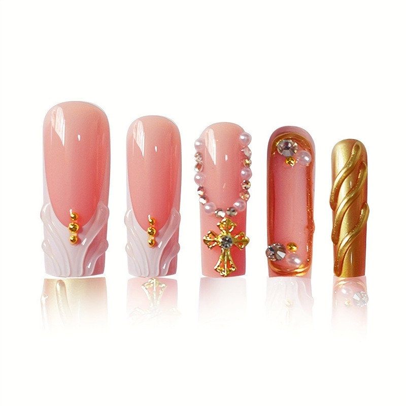 Long Square Gold Nails 3D Water Ripple Cross Rhinestone Press On Nails