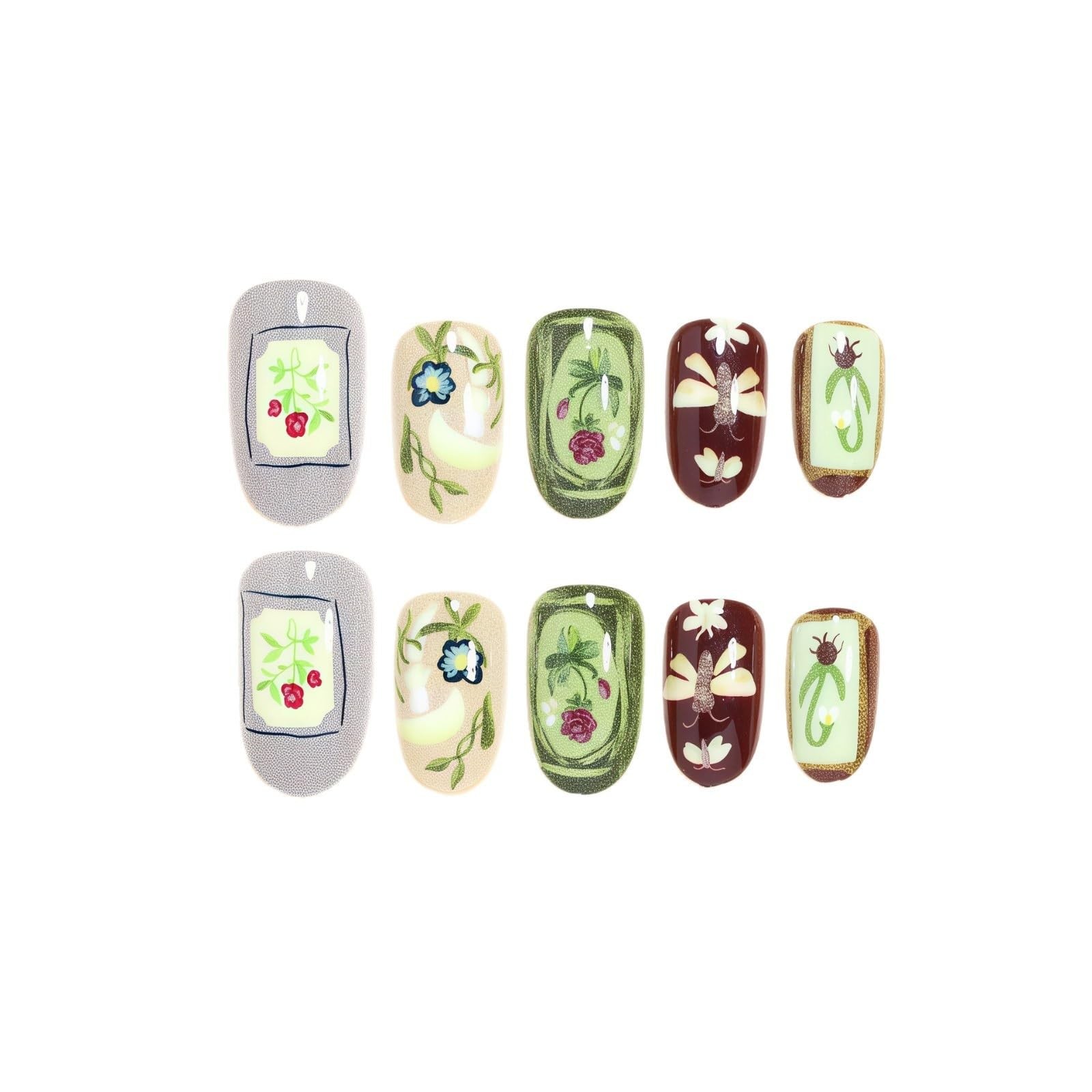 Vintage Botanical Press on Nails Short Oval Fake Nails Oil Painting False Nai…