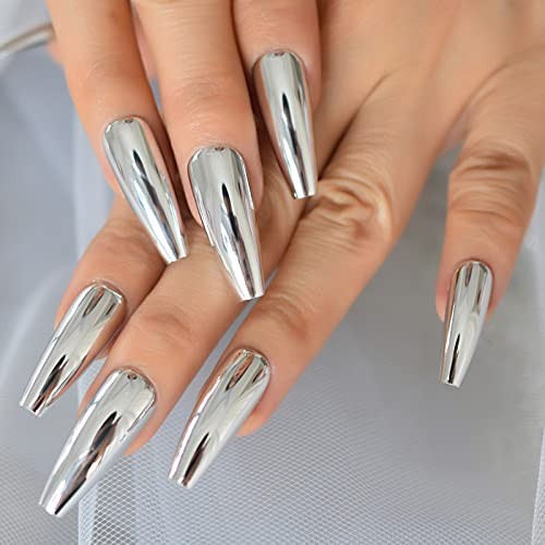 Silver Punk Metallic Press On False Nails Long Coffin Ballerina Chrome L5883-1