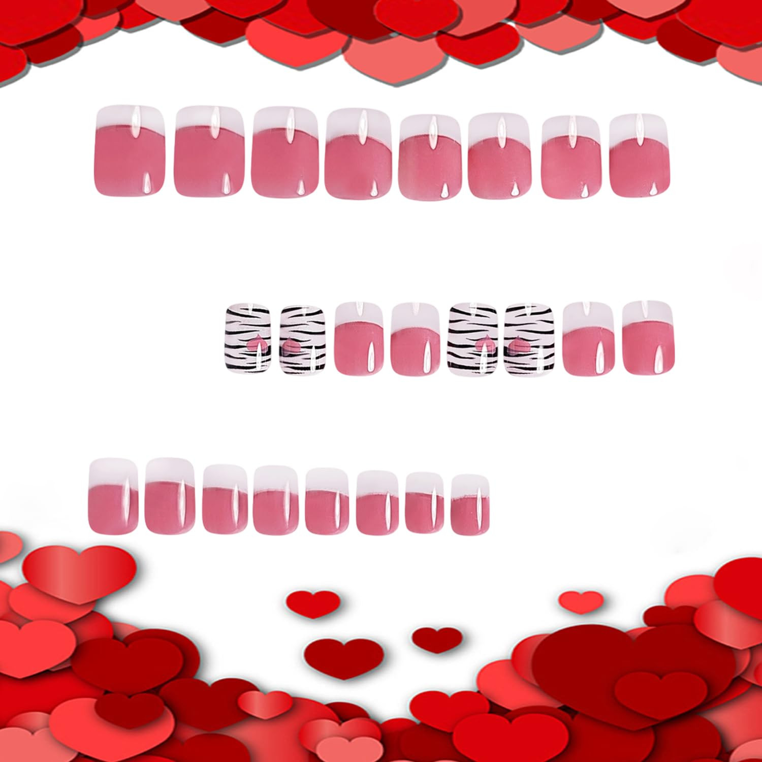 24Pcs Valentines Press on Nails Short Square Artificial Acrylic French White Tip