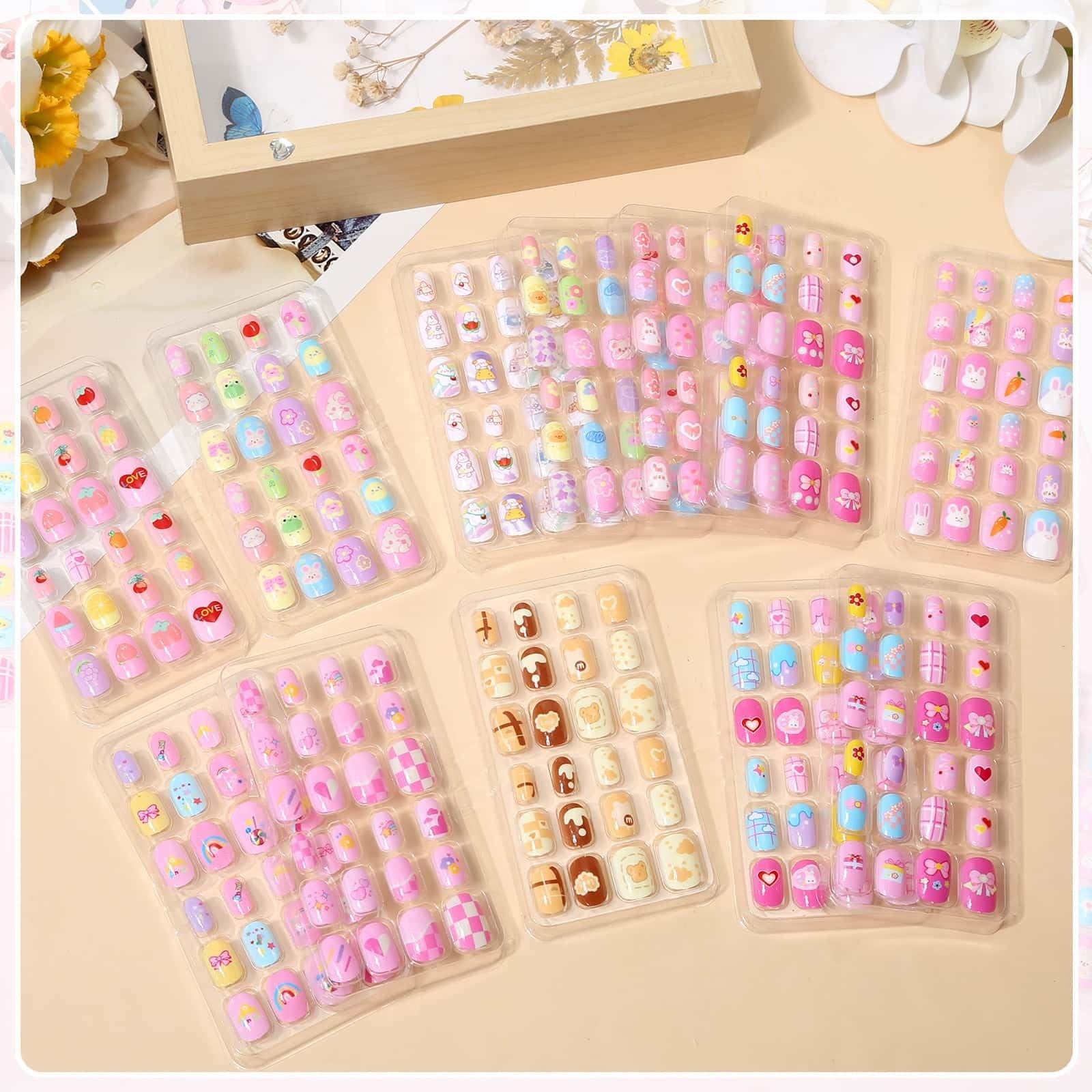 288 Pieces Kids Stick on Nails Girls, Acejoz Fake Nails Set Self Adhesive Press