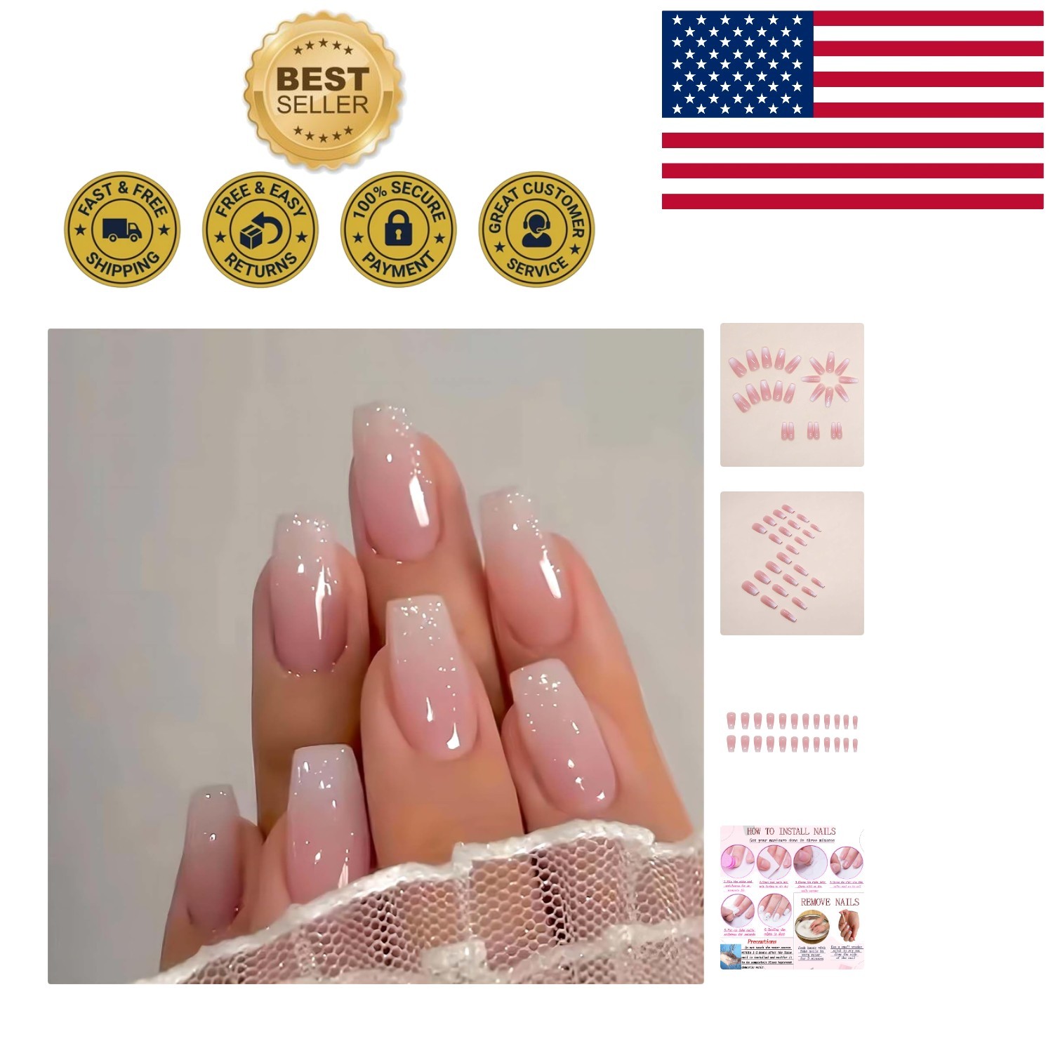 24 Pcs Ombre Glitter Coffin Press On Nails – Glossy Art Deco Design