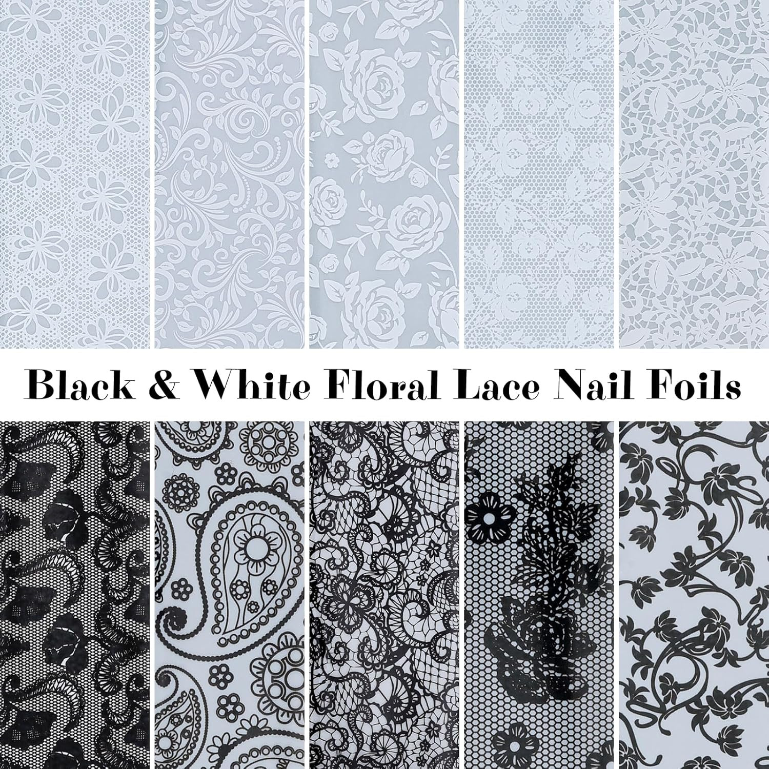 Lace Nail Foil Transfer Sheets, 10 Rolls Black White Flower Nail Art Transfer Fo