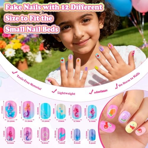 480 Pcs Kids Nails and Glue, Girls Press ons Nail Art Kit with Storage Pink