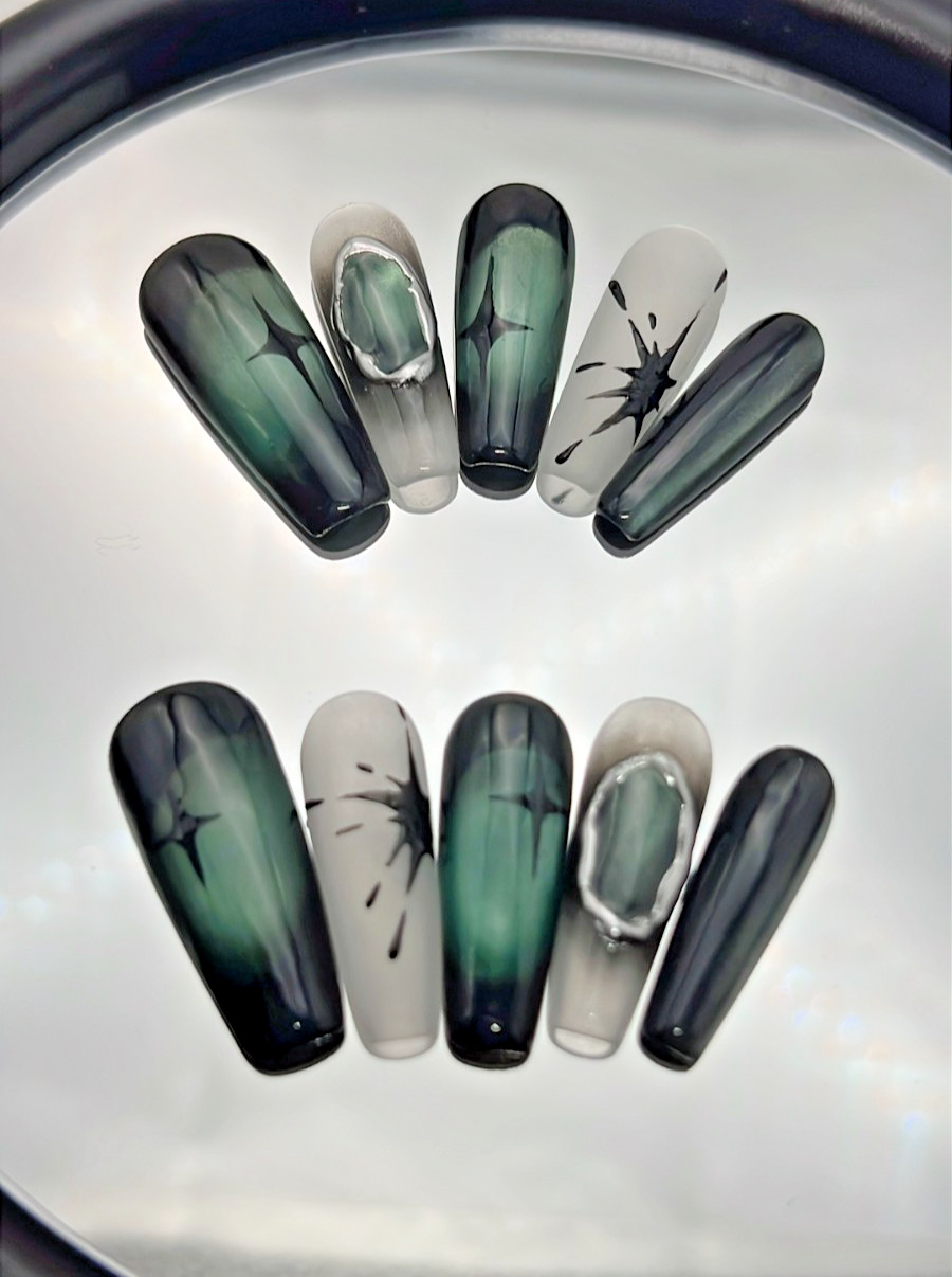 Dark Green Gradient Press On Nails | Gothic Starburst & Gem Design | Long Coffin
