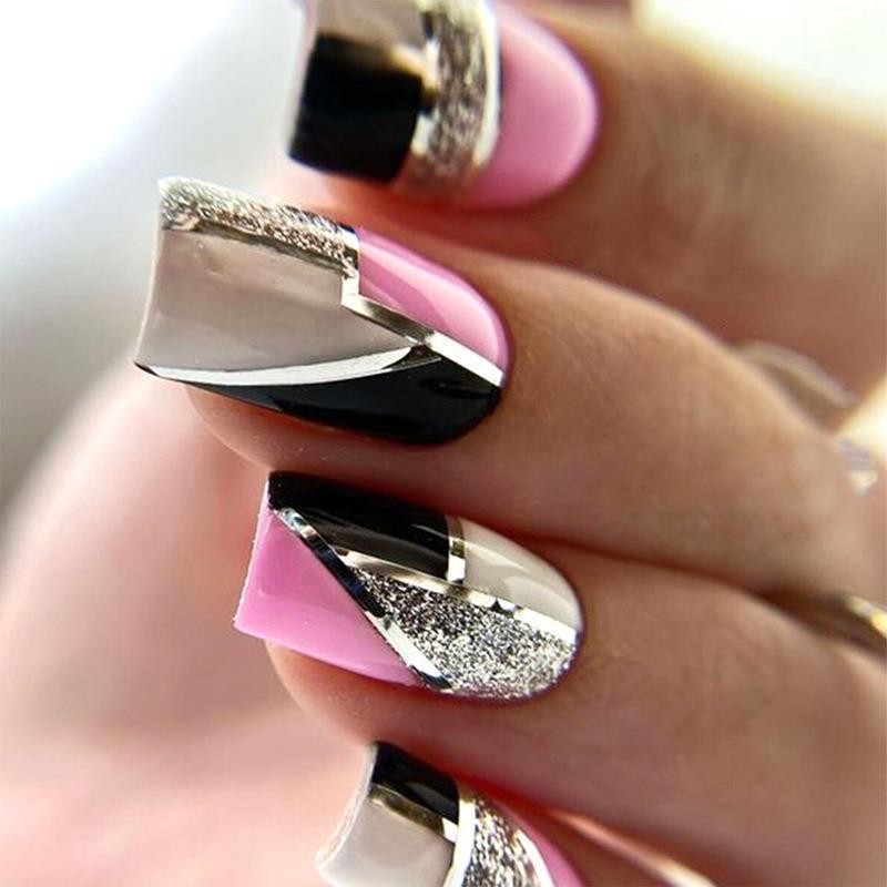 48Pcs-Short Square Press on Nails Pink Black Silver Glitter Geometric Fake Nails