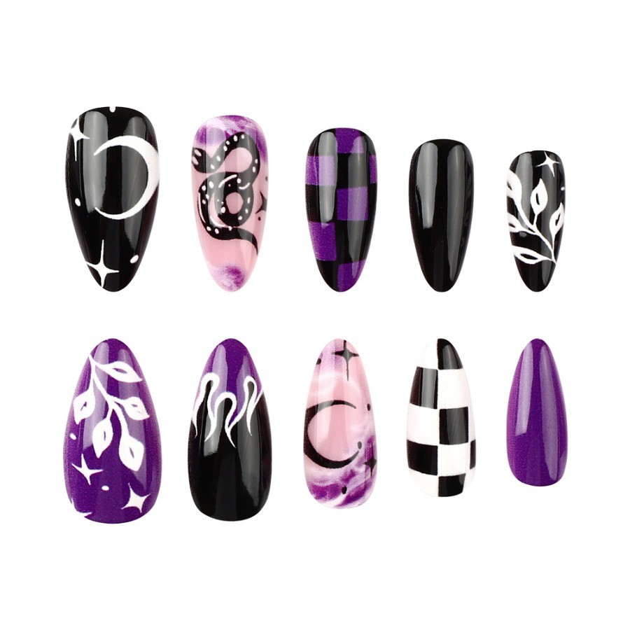 48 Pcs Snake Flame Check Print Press on Nails, Oval Punk Trendy Fake Nails