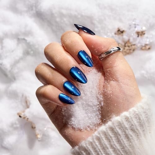 Almond – Deep Blue Cat Eye Short Press On Nails Forstbite Spell