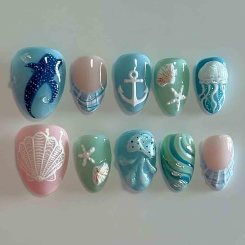 24Pcs Cute Summer Press on Nails – Short Almond French Tip – 3D Ocean-22