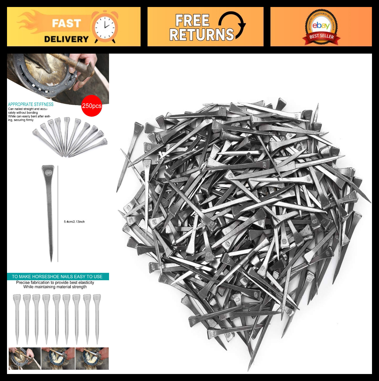 250PCS Horseshoe Nails Kit, 2.13in Steel Hoof Pegs for Equestrian Training & Too