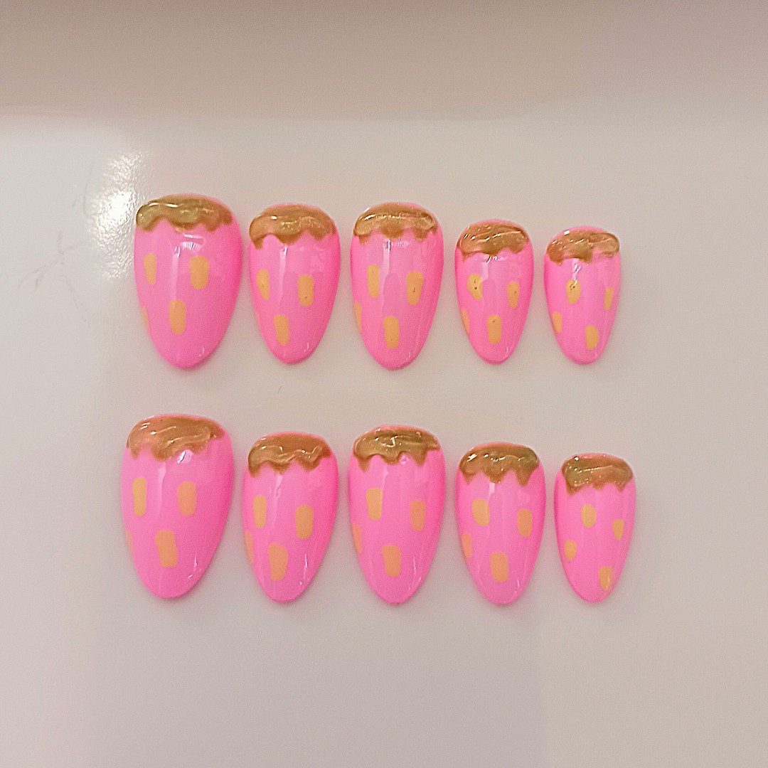 ✨️🎀Strawberry Pink Handmade Press on Nail Art Set 10pcs Size S Short Almond