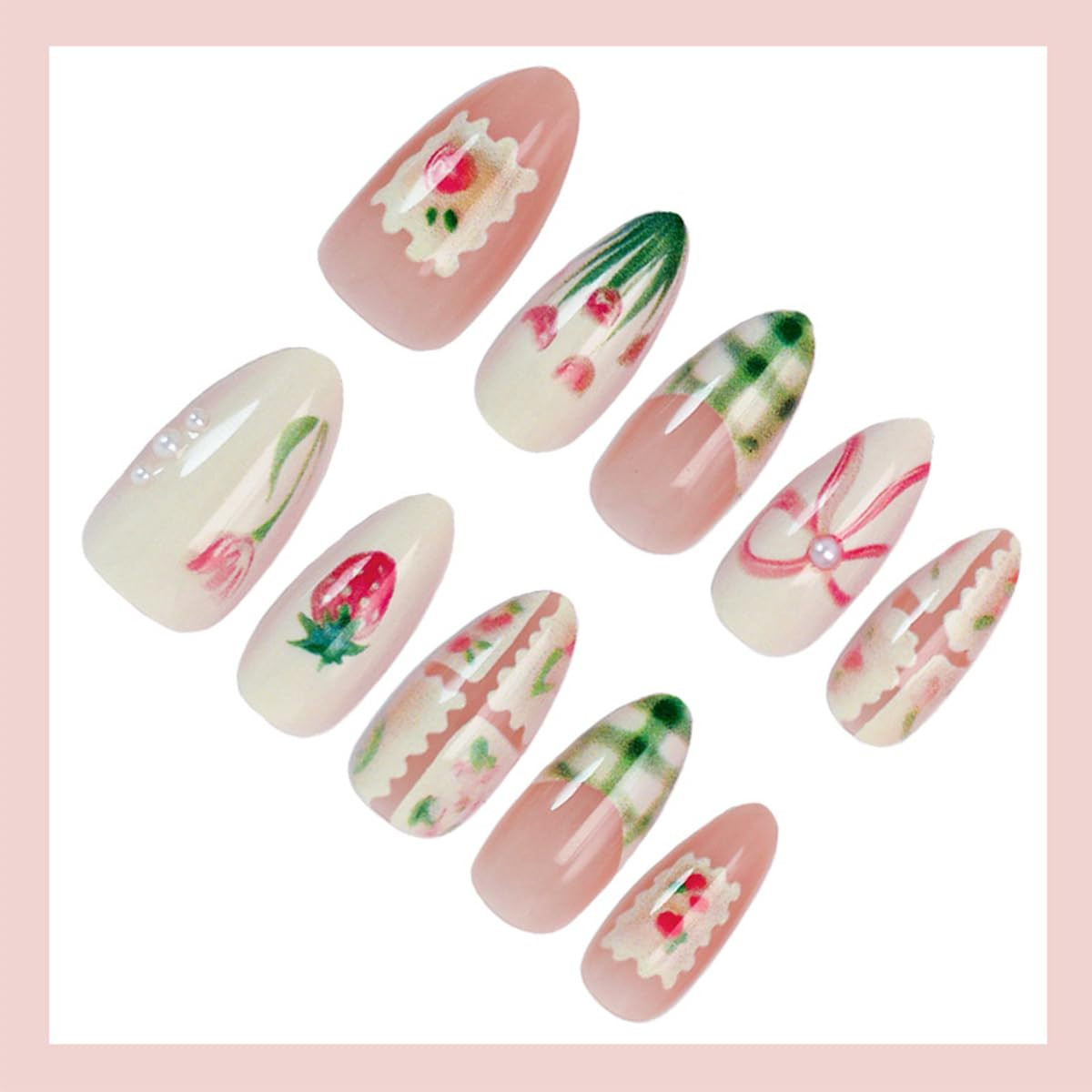 Cute Spring Press on Nails Almond Shape Medium Fake Nails with Small Flower Stra
