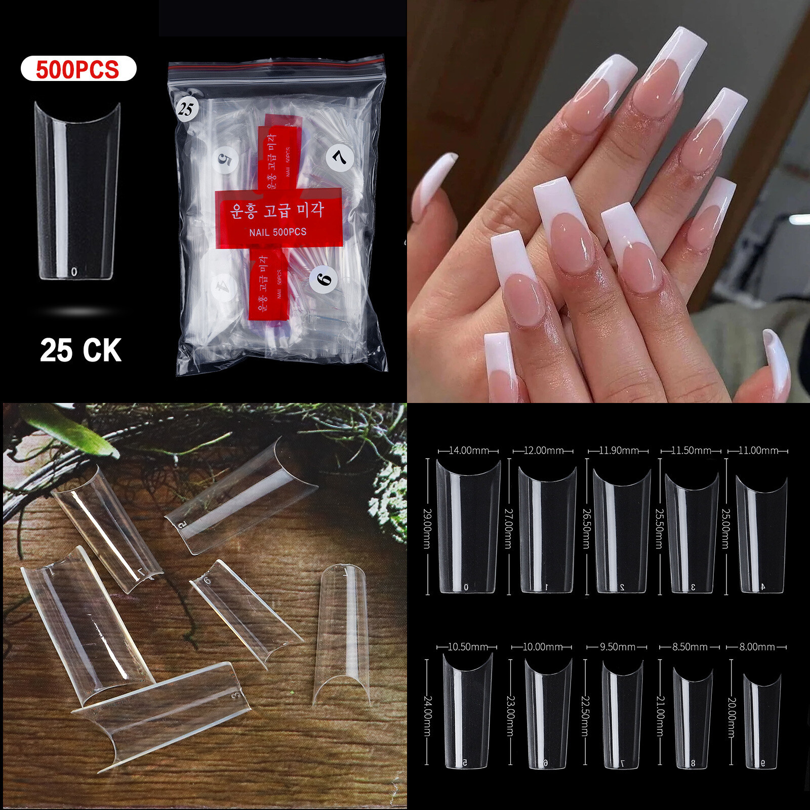 S/M/Max C Curve Fake Nails Clear Natural Acrylic Artificial Nail Art Tips 500pcs