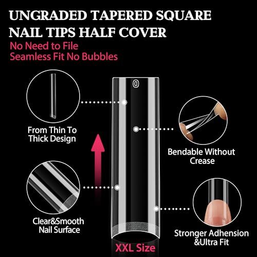 No C Curve Nail Tips 504 PCS Extra Long XXL Tapered Square Nail Half Straight