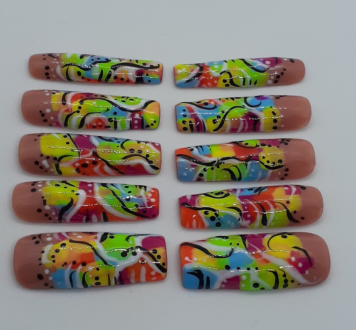 90’s Inspired Neon Long Square Press On Nails, Summer Nails, Freaknik Nails