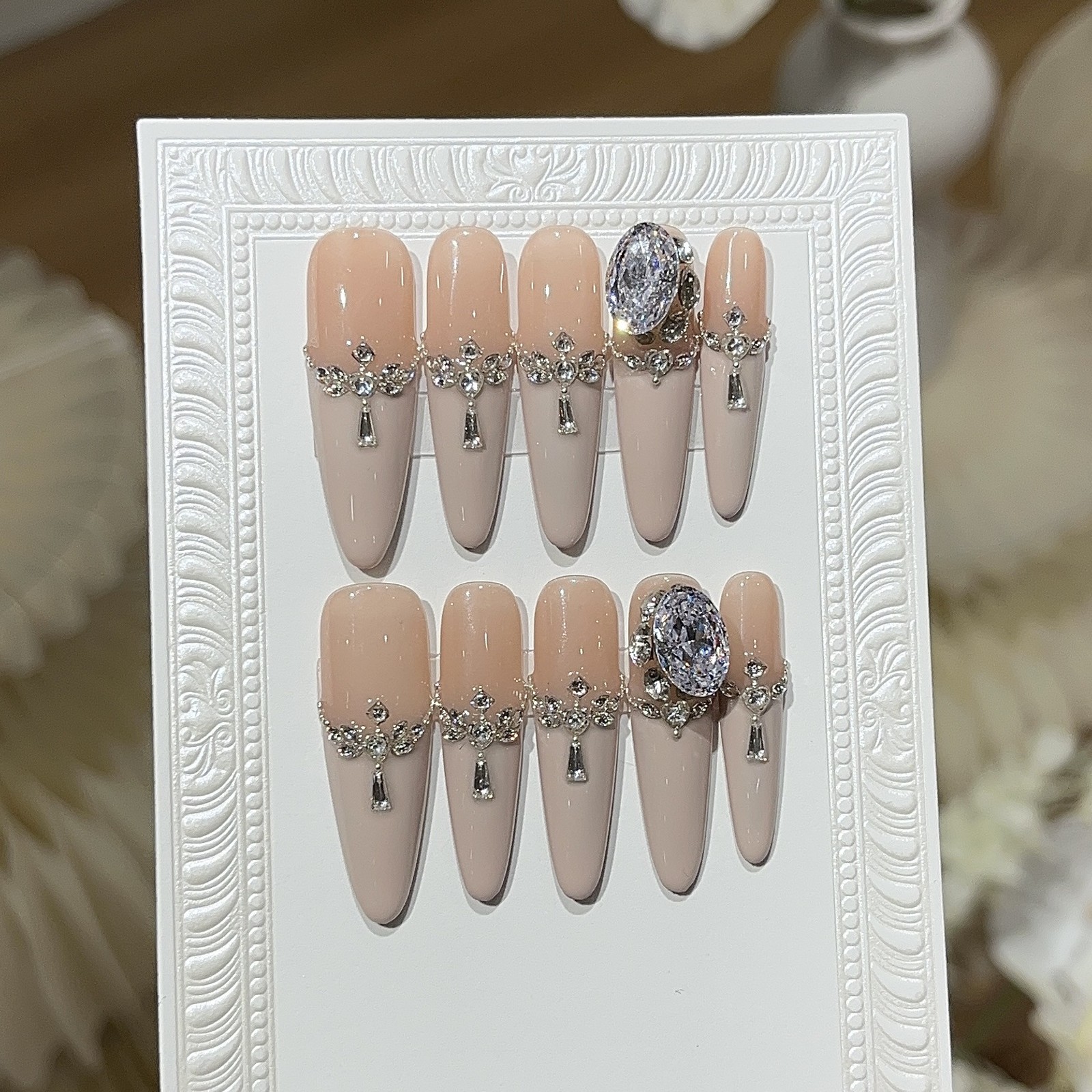 10Pcs Handmade Nude Pink Long Pointed Press On Nails With Shiny Zircon