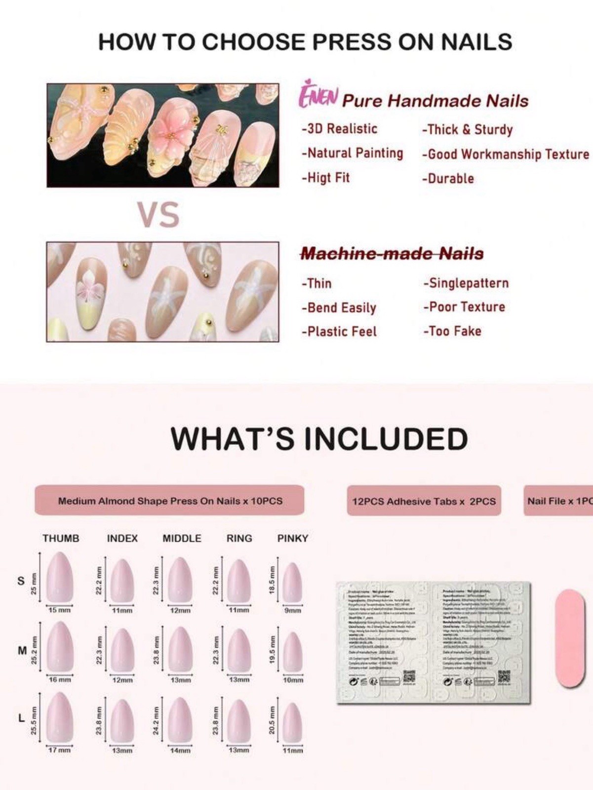 ENEN Medium Almond 3D Floral Press-On Nails Pre-Designed Pink Ivory