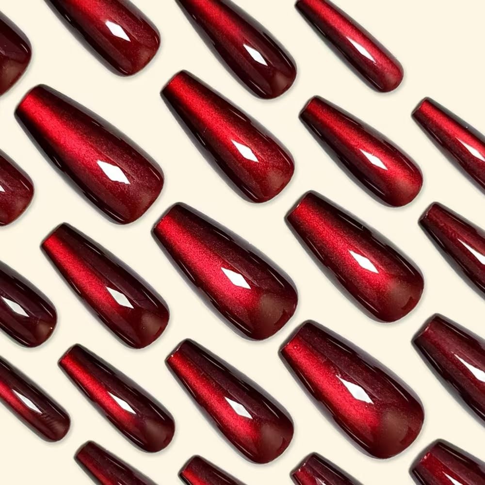 Red Press on Nails Square Medium Fake Nails Wine Red Cat Eye False Nails Long…