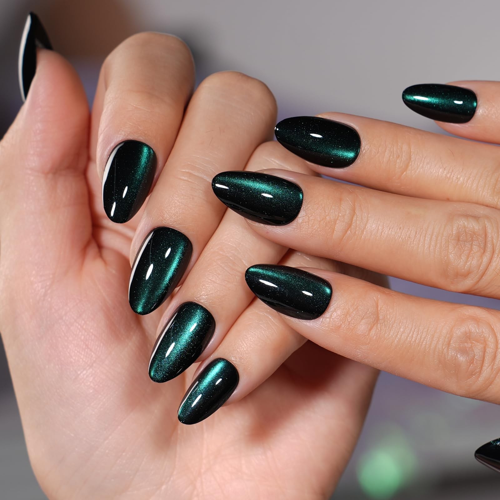 Emerald Green Cat Eye Press On Nails, Short Almond Reusable Soft Gel Nails | …