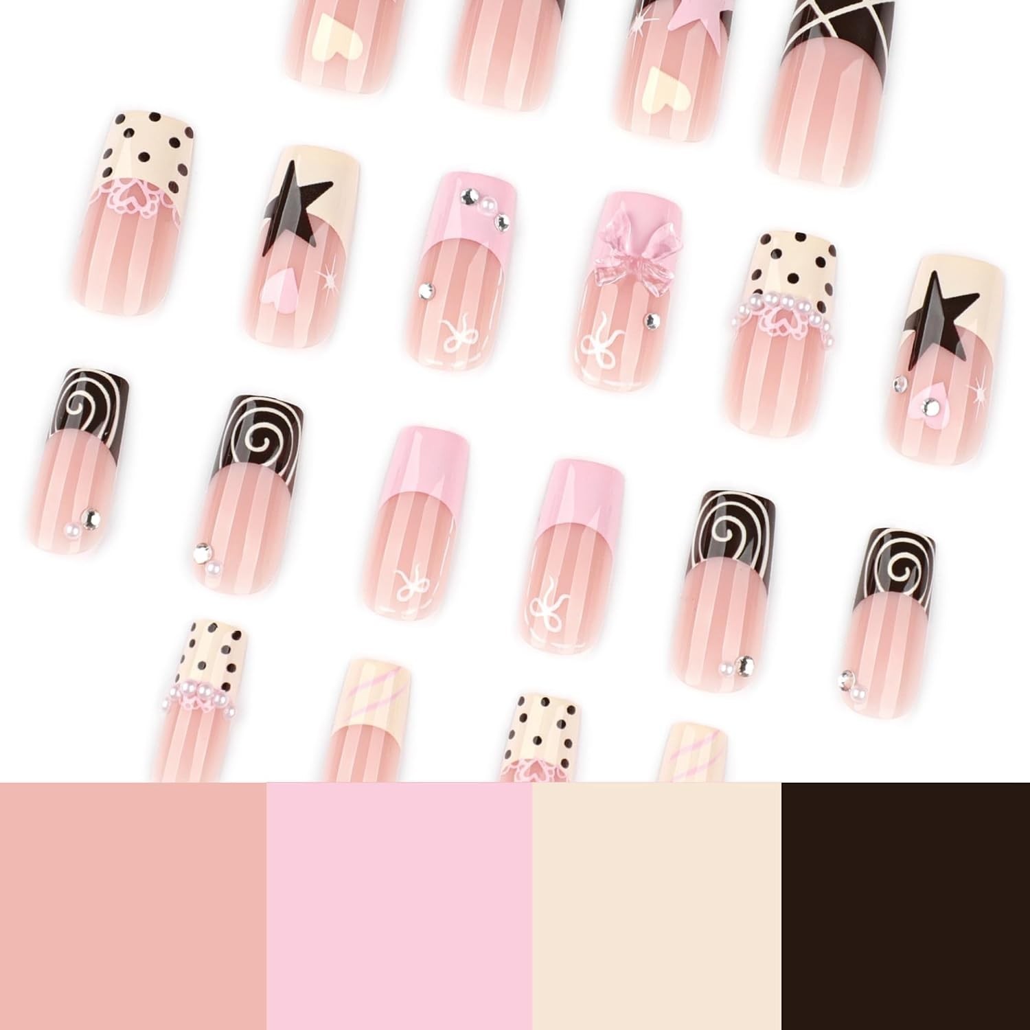 Long Square Press on Nails Sweet Y2K Fake Nail for Women 24Pcs | French Tip F…