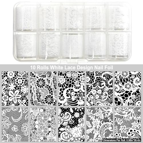 10 Rolls White Lace Nail Foil, Lace Nail Art Foil Transfer Stickers Style 2