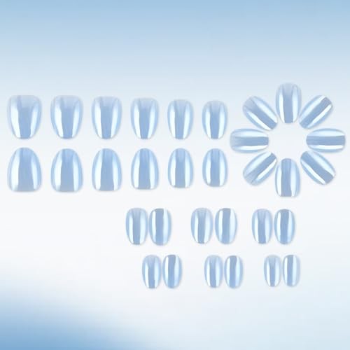 32pcs Almond Press On Nails – Chrome Fake Nails – Mirror Metal – Short Blue
