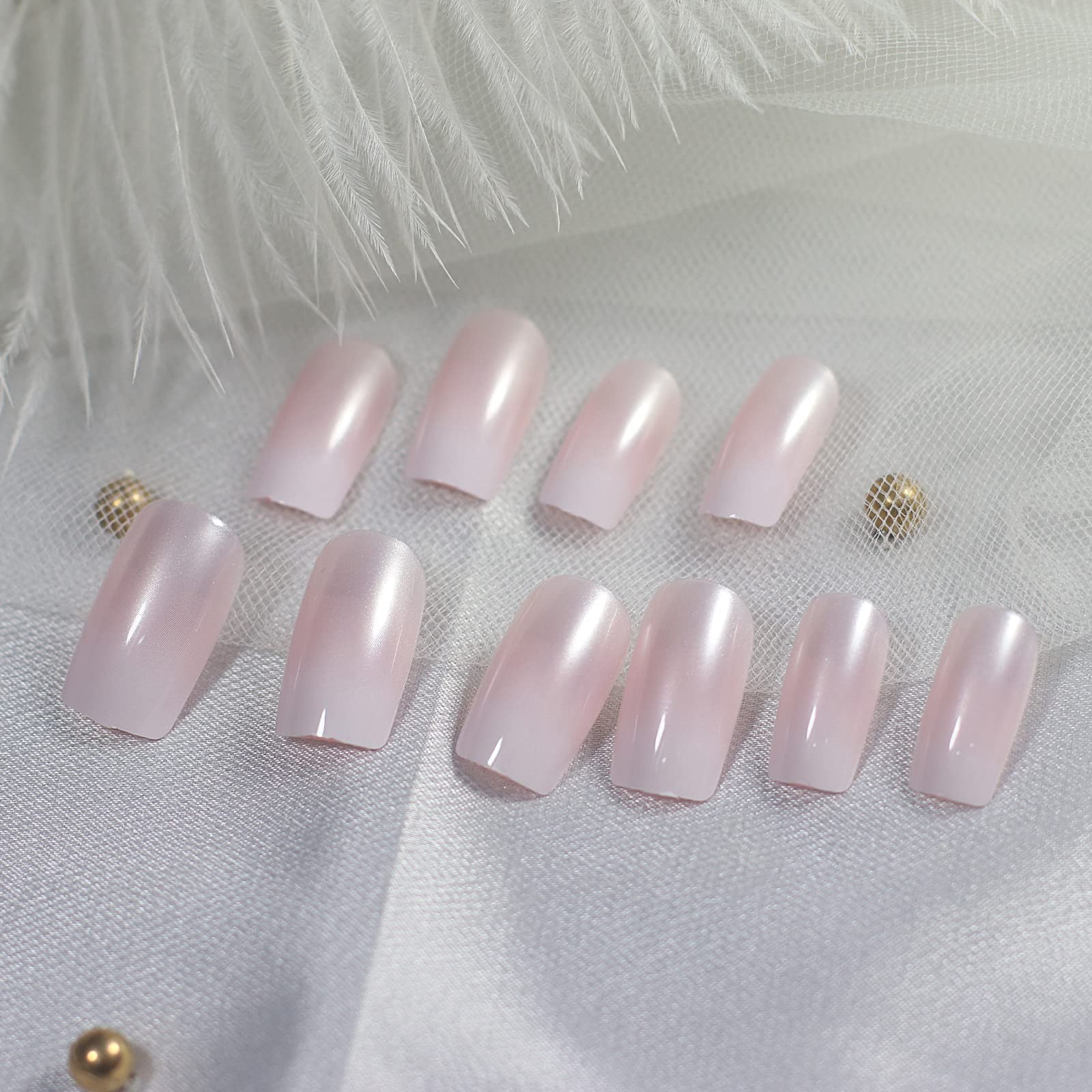 Shine Pearl Pink Ombre Press on Nails French Squoval Full Nail Tips Reusable …