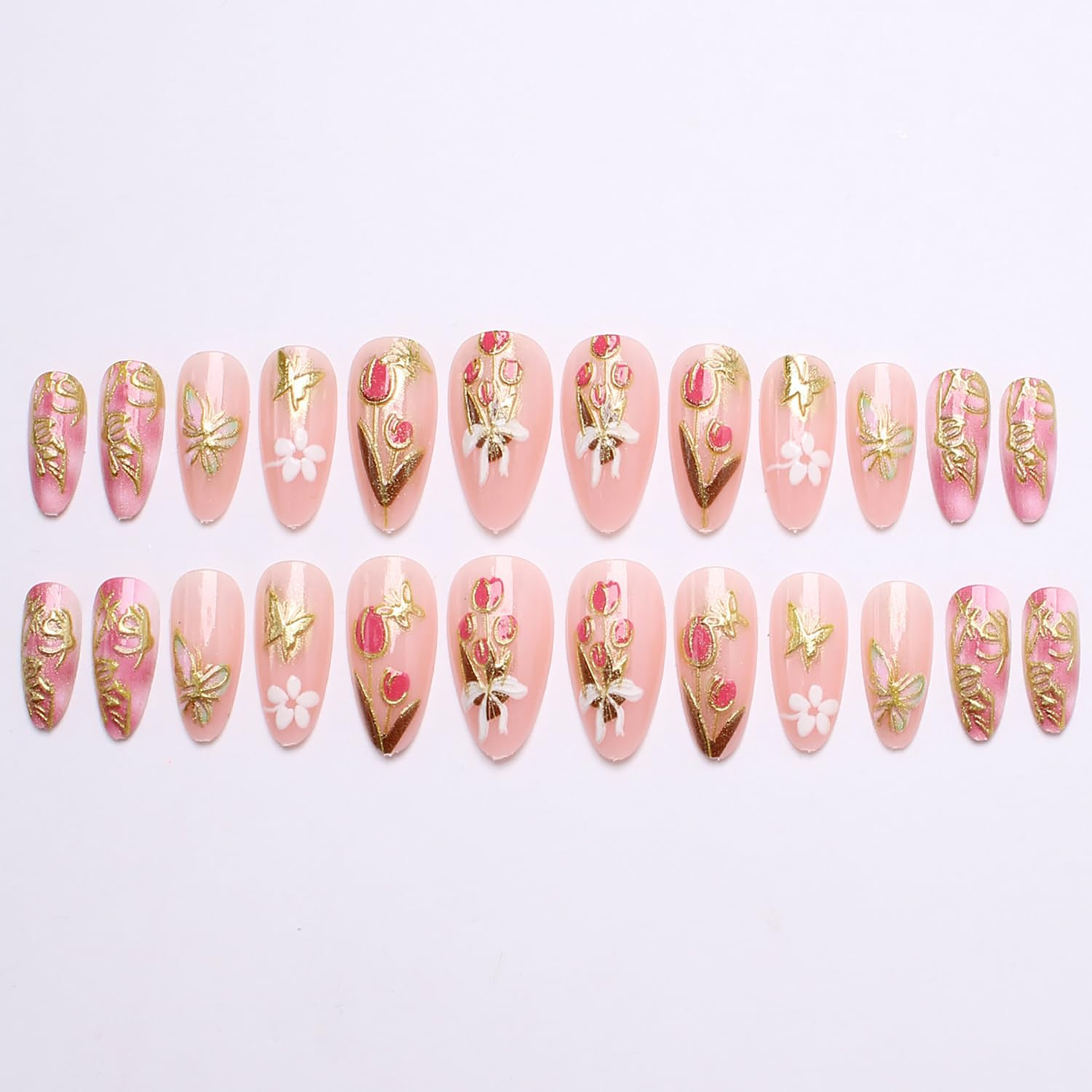 24Pcs Spring Press on Nails Medium Almond Fake Nails with 3D Gold Flower Butterf