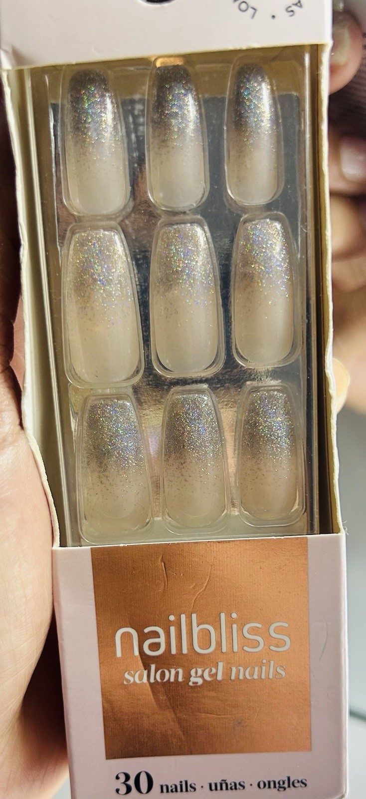 nailbliss Press-On Nails Long Square Silver Beige Ombre Glitter 30 GN20