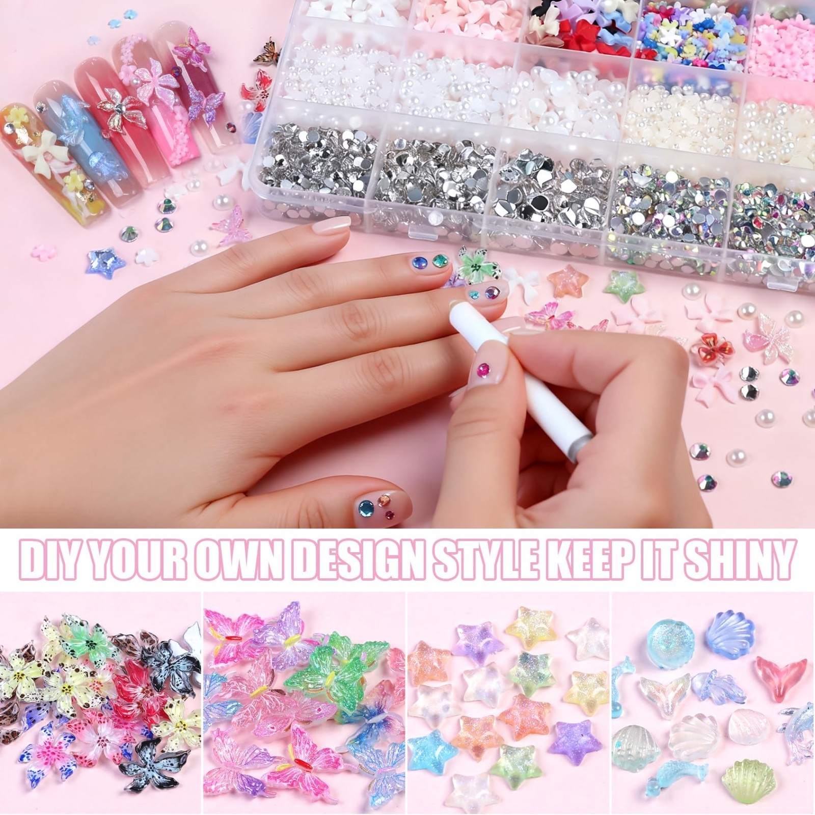 24 Grid Colorful Nail Charms – 3D Flowers, Butterflies, Ocean Stars, Bows & Gems