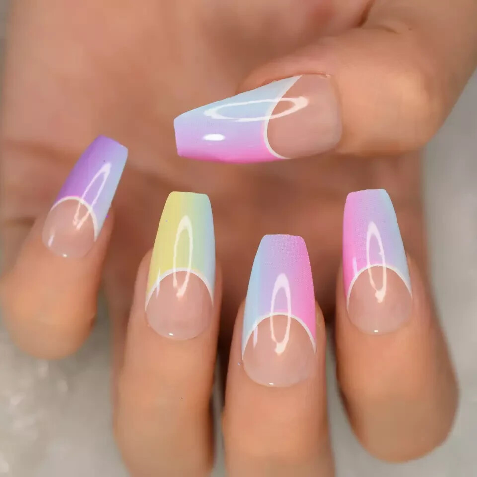 Colorful French Ombre Medium Coffin Press On Nails, Glue On False Set 24 pcs Kit