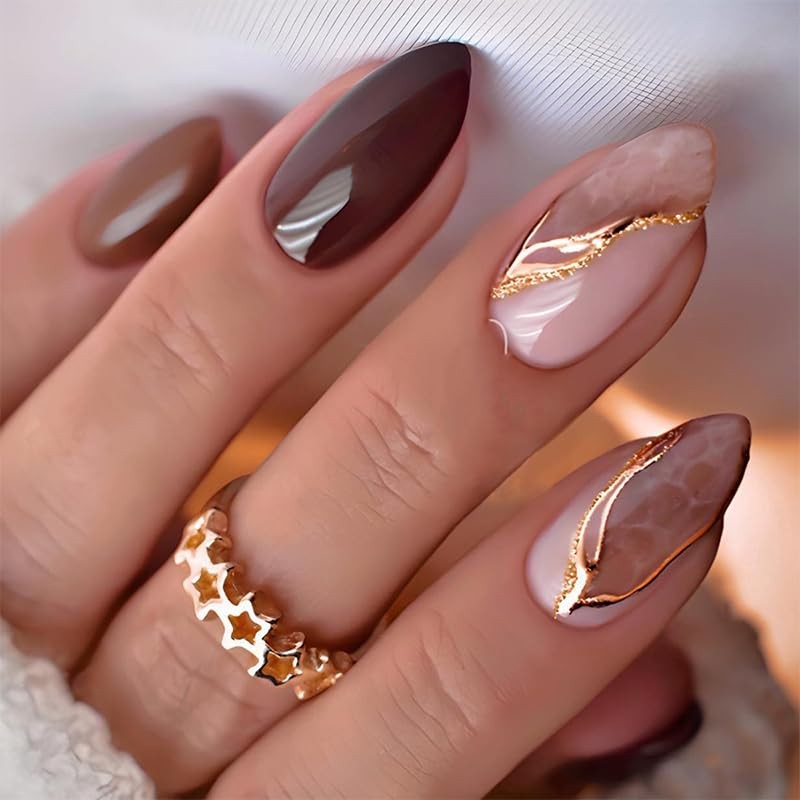 Press On Nails, 24 Pieces, French Tip with Gold Accent Design, Pink and Brown…