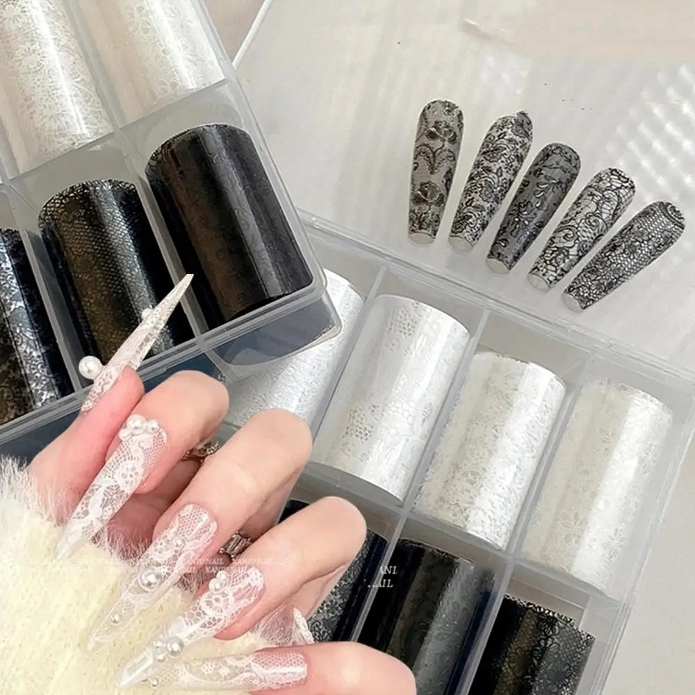 10 Rolls/Box New Black&White Lace Nail Transfer Stickers Sexy Lace Flower Full