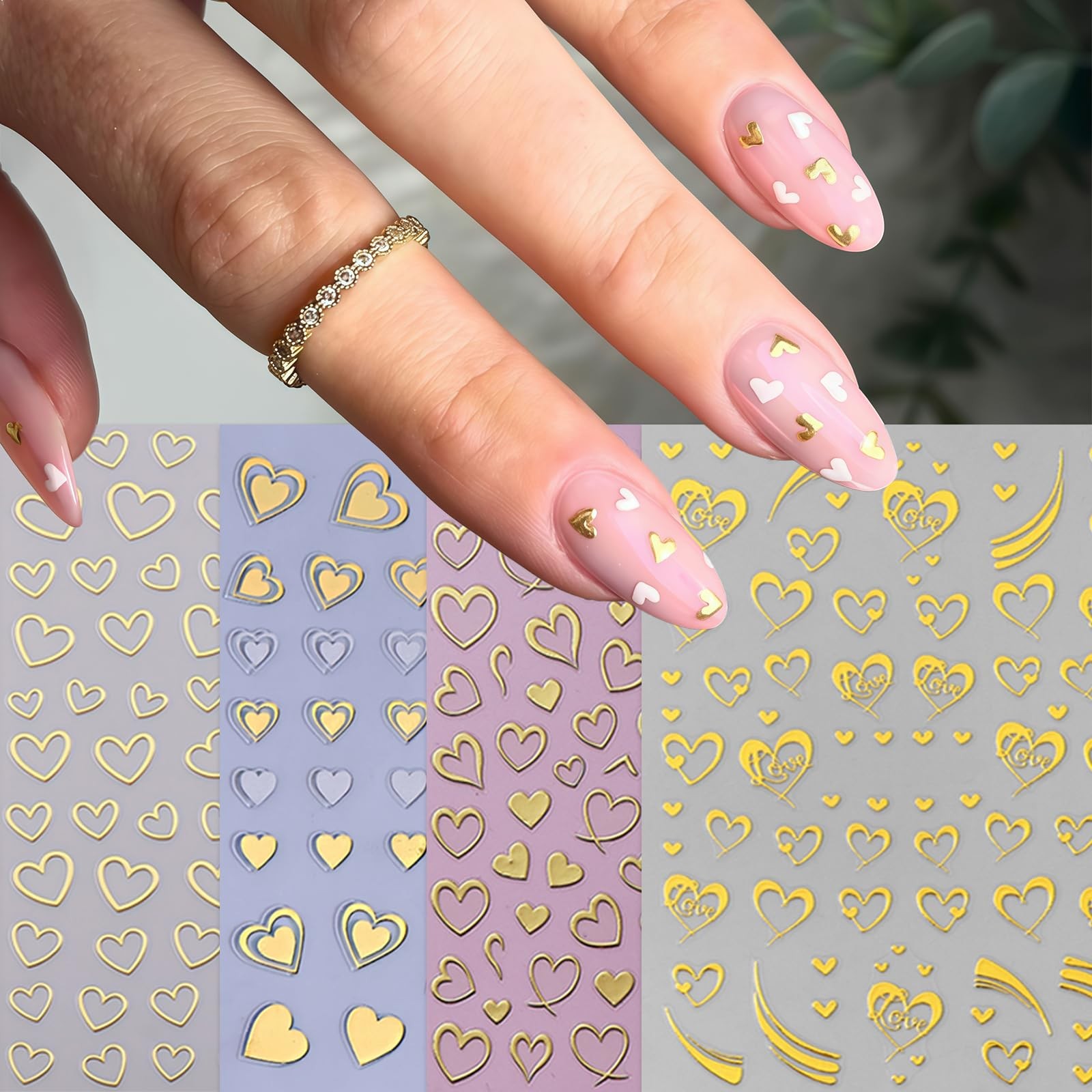 8Sheets Valentines Day Heart Nail Art Stickers Metallic Heart Nail Decals Min…