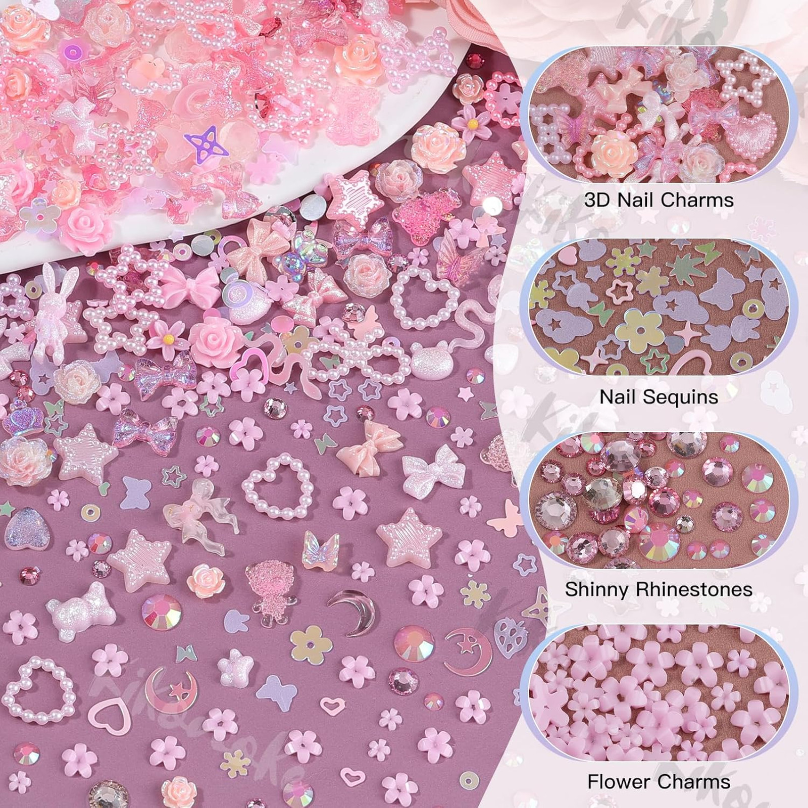 Pink Nail Charms Kit 3D Nail Gems Rhinestones Flatback Pearls Mixed Shapes for
