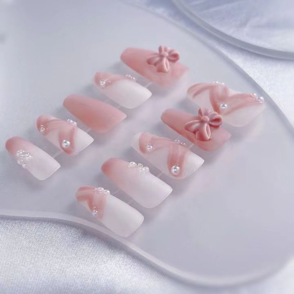 Long Coffin Fake Nail Pink Matte False Nail w/ Bow Bead French Tips Pres On Nail