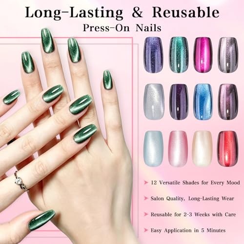360 pcs Cat Eye Press on Nails – 12 Colors Glossy Glitter Aurora Cat Eye Shades
