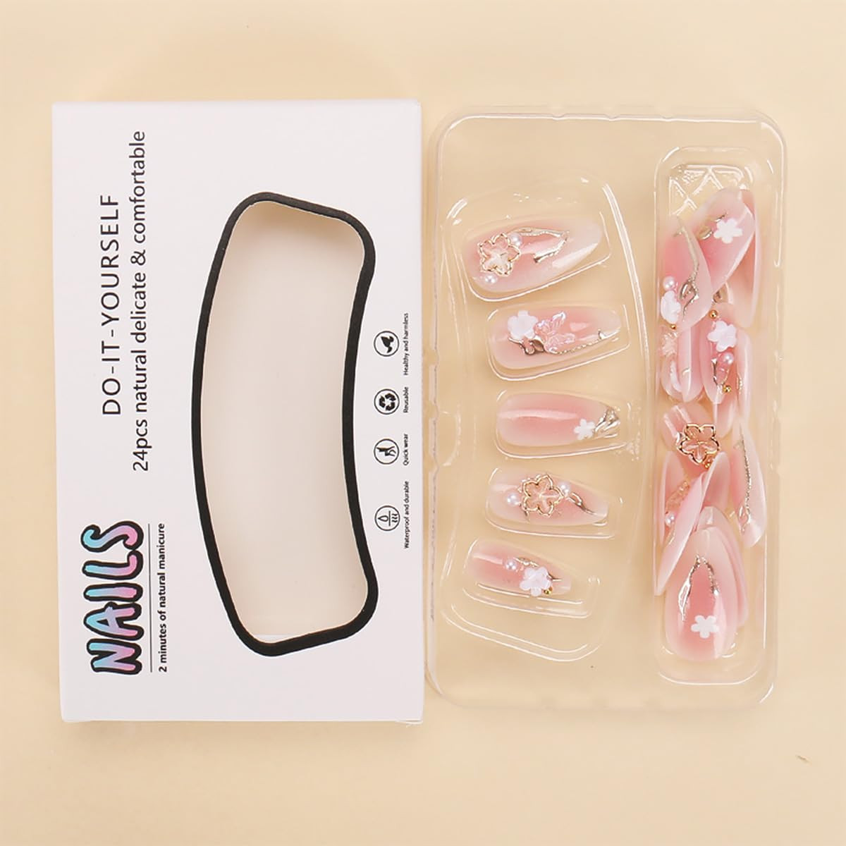 24Pcs Flower Rhinestones Nails Almond Press on Nails Medium Fake Nails Pink Whit