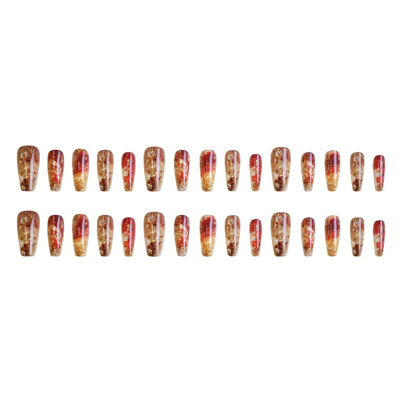 48Pcs-Autumn Gold Press on Nails Long Coffin Nail Art Amber Gradient Finish