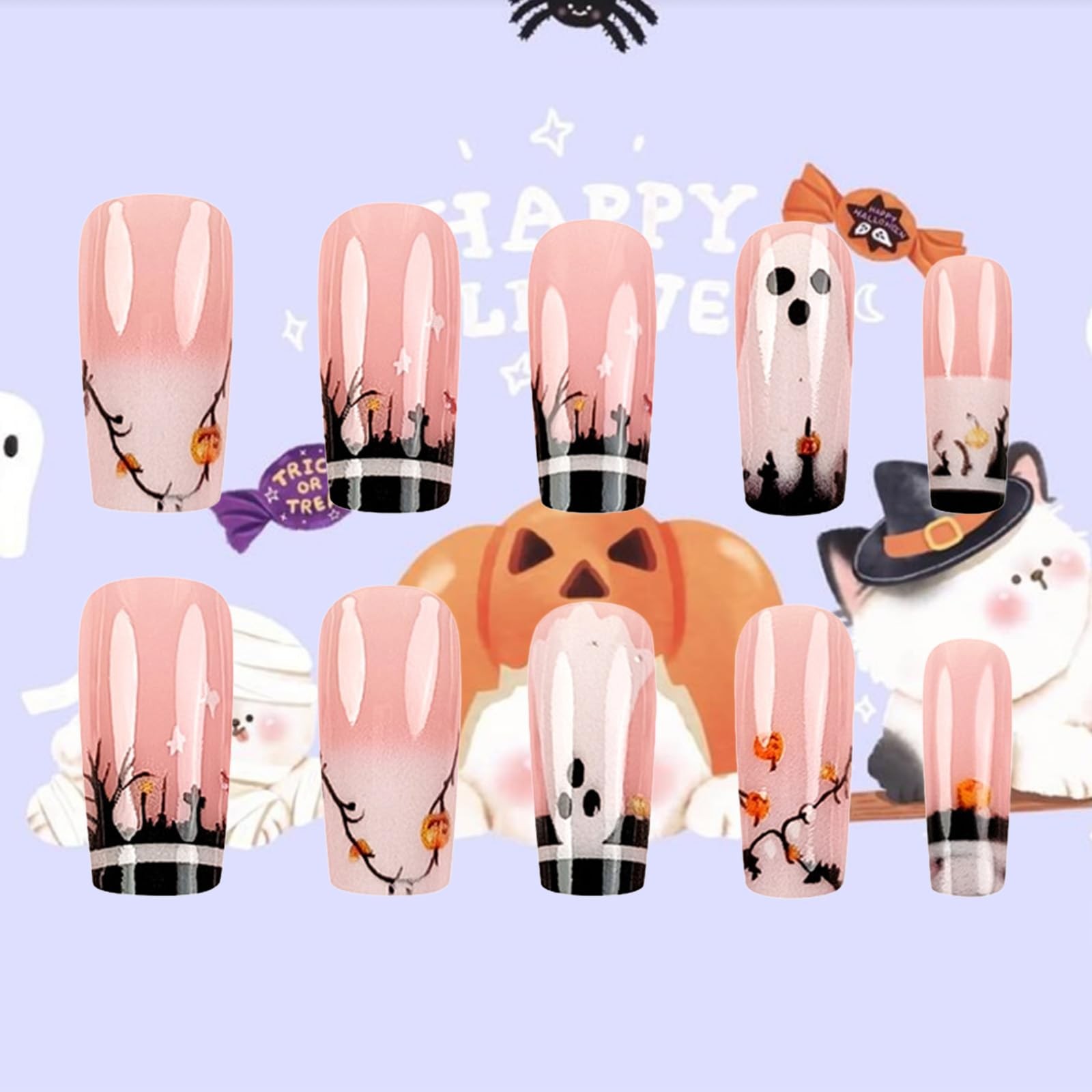 Halloween Press on Nails Pumpkins Stick on Fingernails 24Pcs Ghost Medium Squ…